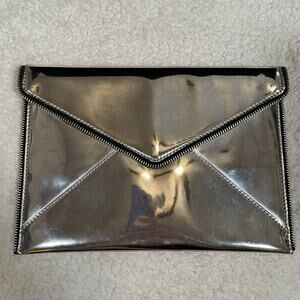Rebecca Minkoff Silver Envelope Clutch Purse Mirrored Metallic Zipper Leather‎